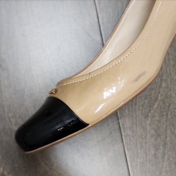 100% Authentic!! Prada Logo Black Beige Patent Block Heels Pumps - Picture 3 of 10